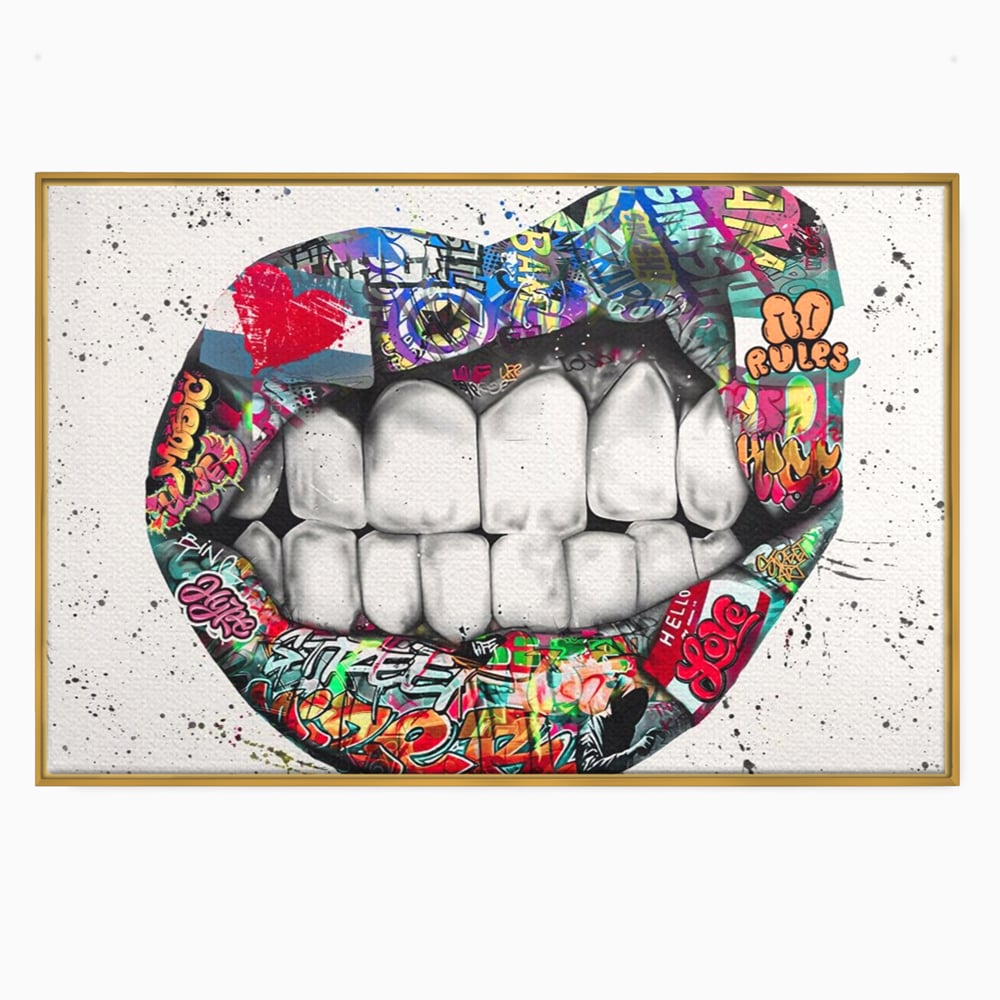 Tablou canvas cu tablou canvas cu buze graffiti, in rama de aluminiu auriu